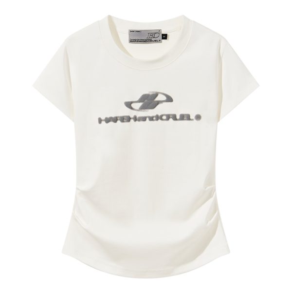 Elastic Knitted Logo Short-Sleeve Summer T-Shirt for Women - Slim Fit Casual Top, Perfect for 90s and Y2K Styles