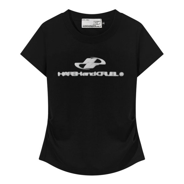 Elastic Knitted Logo Short-Sleeve Summer T-Shirt for Women - Slim Fit Casual Top, Perfect for 90s and Y2K Styles