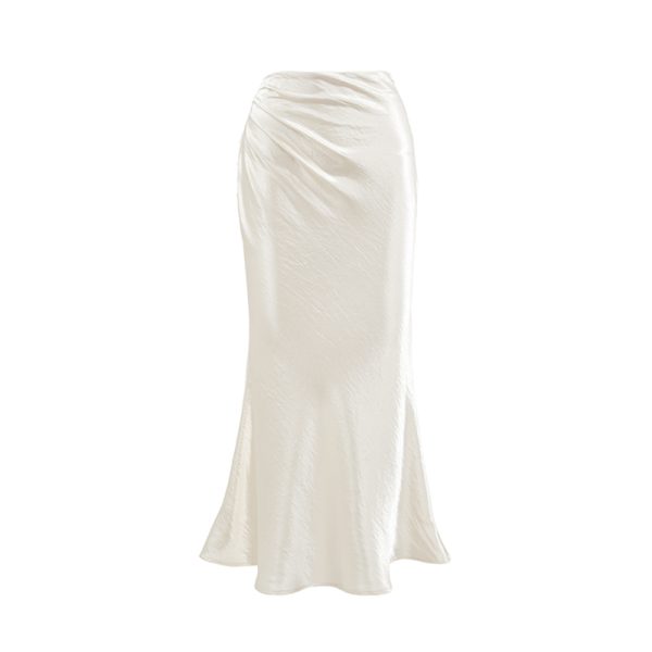 Elegant Glossy Satin Half-Length Mermaid Skirt - French Style Commuting High-End White Midi Skirt for Chic Outfits