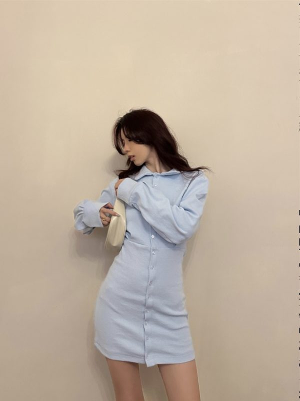 Elegant Polo Dress with Waist-Cinching and Bodycon Skirt in Organic Cotton - 2025 Spring American Style Long Sleeve Dress