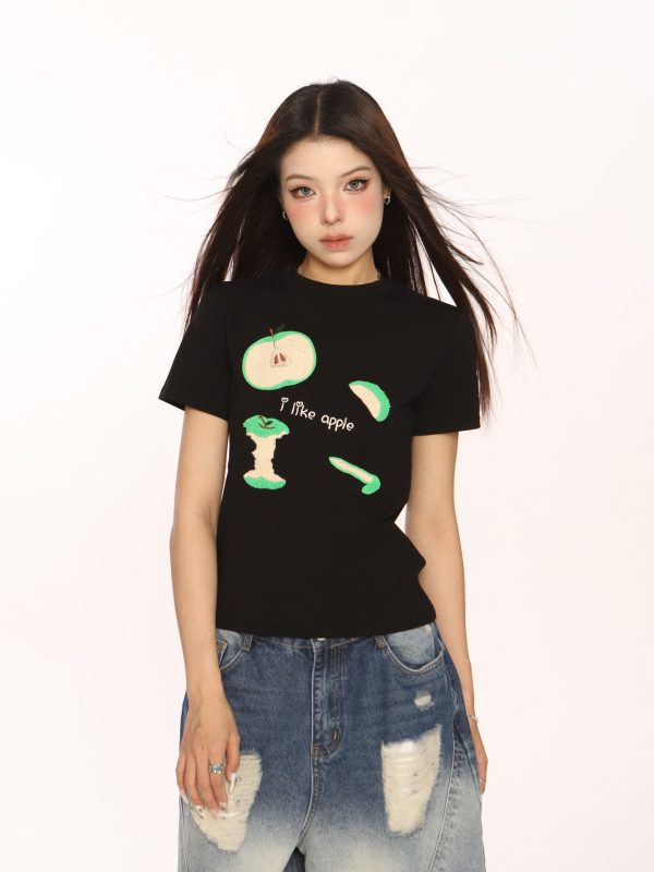 Embroidered Apple Short Sleeve T-Shirt for Women, Slim Fit American Style, White Hot Girl Top, Casual Y2K Fashion