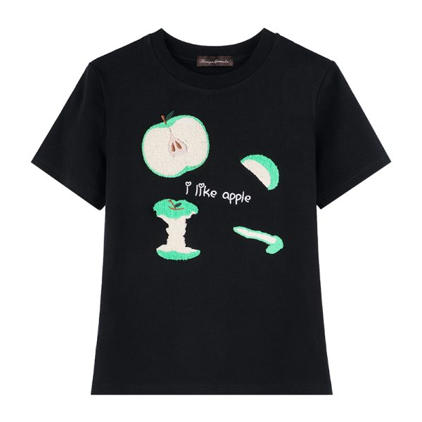 Embroidered Apple Short Sleeve T-Shirt for Women, Slim Fit American Style, White Hot Girl Top, Casual Y2K Fashion