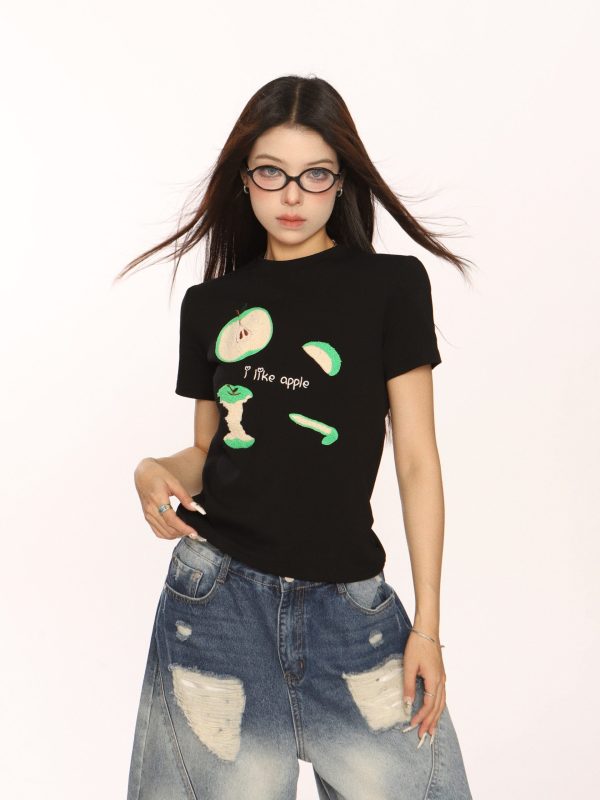 Embroidered Apple Short Sleeve T-Shirt for Women, Slim Fit American Style, White Hot Girl Top, Casual Y2K Fashion