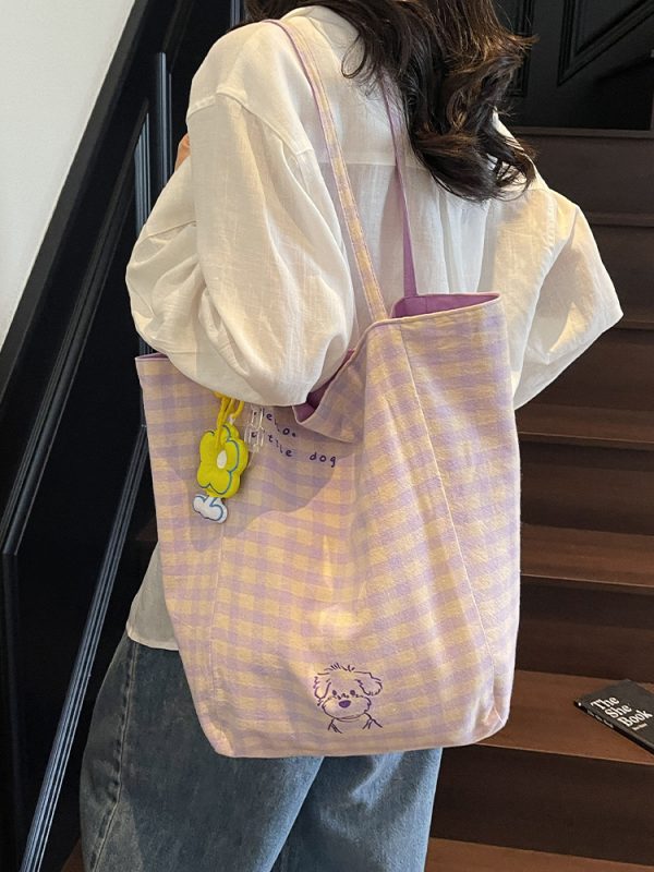 Embroidered Checkered Bucket Bag - Large Capacity, Artistic Design for Summer 2025, Perfect for Students and Commuters
