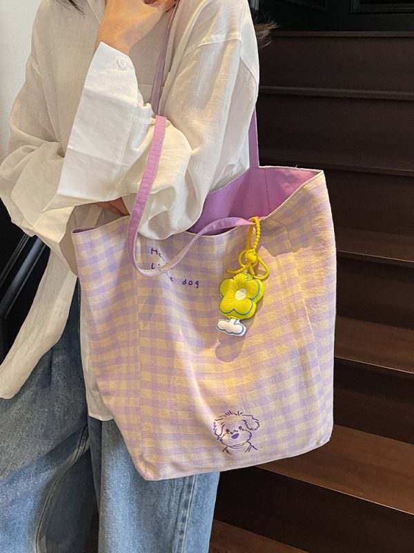 Embroidered Checkered Bucket Bag - Large Capacity, Artistic Design for Summer 2025, Perfect for Students and Commuters
