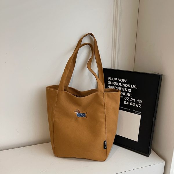 Embroidered Dachshund Canvas Tote Bag for Women, Large Capacity Student Shoulder Bag, Casual Versatile Commuter Style