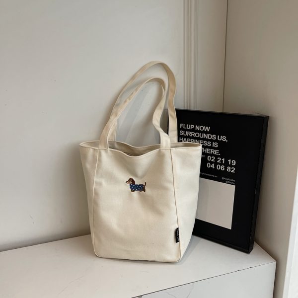 Embroidered Dachshund Canvas Tote Bag for Women, Large Capacity Student Shoulder Bag, Casual Versatile Commuter Style