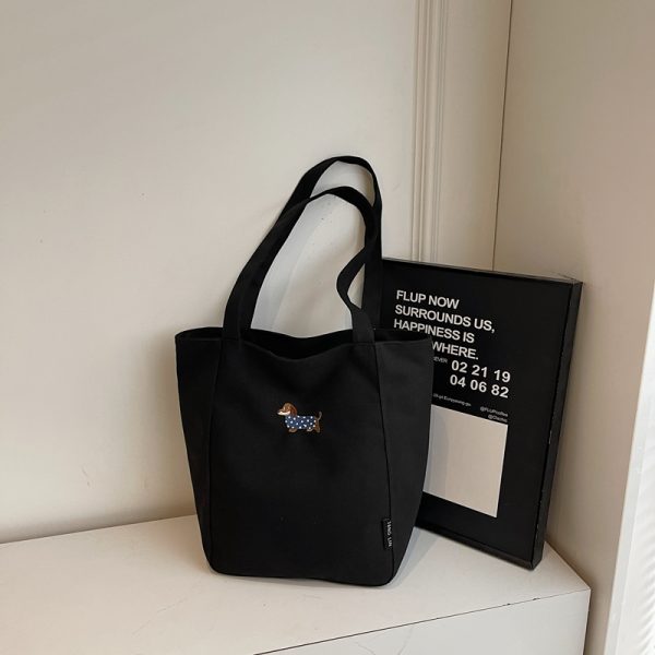 Embroidered Dachshund Canvas Tote Bag for Women, Large Capacity Student Shoulder Bag, Casual Versatile Commuter Style