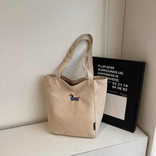 Embroidered Dachshund Canvas Tote Bag for Women, Large Capacity Student Shoulder Bag, Casual Versatile Commuter Style