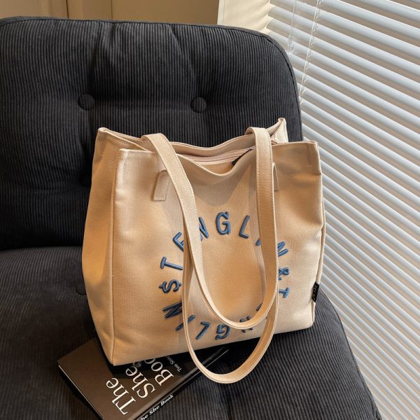Embroidered Letter Canvas Tote Bag for Women - Large Capacity Shoulder Bag, Unique Versatile Commuter Style, 2025 Fashion