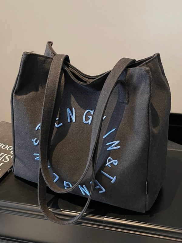 Embroidered Letter Canvas Tote Bag for Women - Large Capacity Shoulder Bag, Unique Versatile Commuter Style, 2025 Fashion