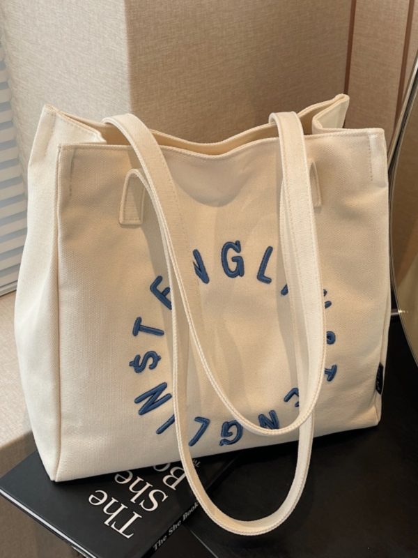 Embroidered Letter Canvas Tote Bag for Women - Large Capacity Shoulder Bag, Unique Versatile Commuter Style, 2025 Fashion