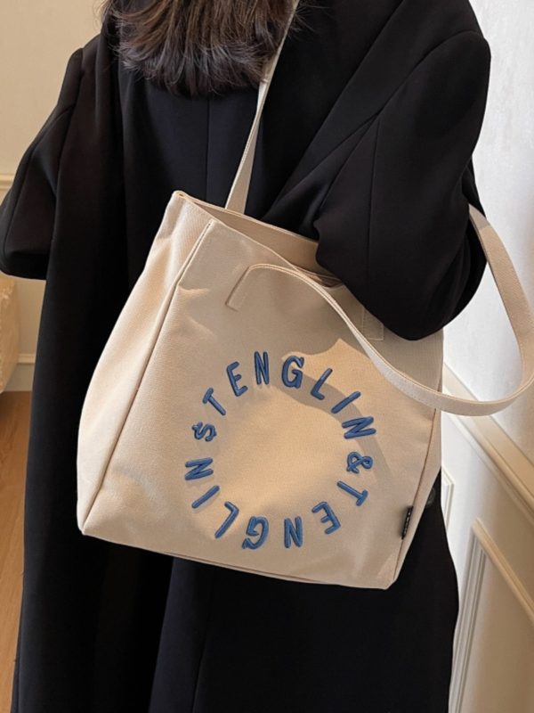Embroidered Letter Canvas Tote Bag for Women - Large Capacity Shoulder Bag, Unique Versatile Commuter Style, 2025 Fashion