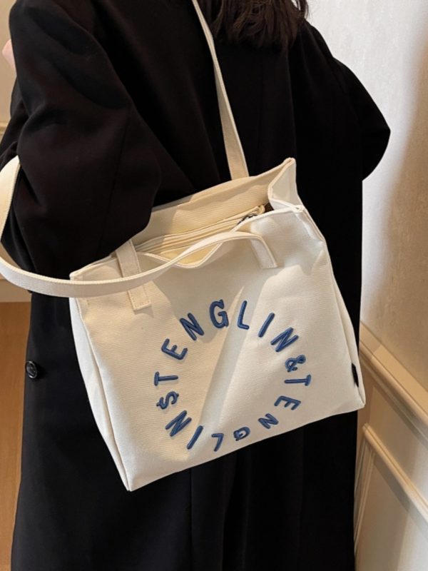 Embroidered Letter Canvas Tote Bag for Women - Large Capacity Shoulder Bag, Unique Versatile Commuter Style, 2025 Fashion