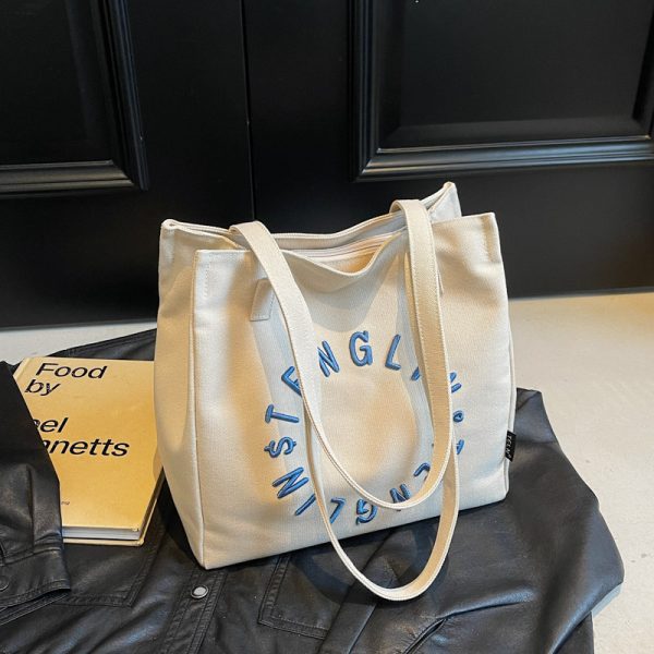 Embroidered Letter Canvas Tote Bag for Women - Large Capacity Shoulder Bag, Unique Versatile Commuter Style, 2025 Fashion