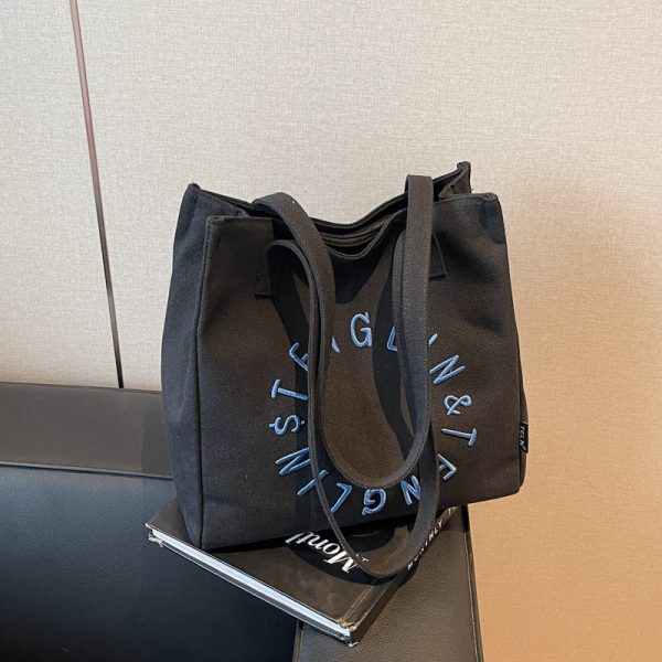 Embroidered Letter Canvas Tote Bag for Women - Large Capacity Shoulder Bag, Unique Versatile Commuter Style, 2025 Fashion