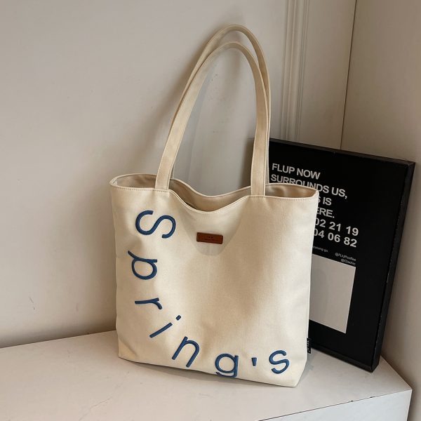 Embroidered Letter Canvas Tote Bag for Women, Large Capacity Casual Shoulder Bag, Versatile Student Commuting Handbag