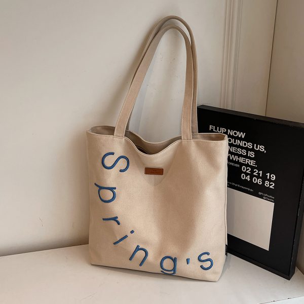 Embroidered Letter Canvas Tote Bag for Women, Large Capacity Casual Shoulder Bag, Versatile Student Commuting Handbag