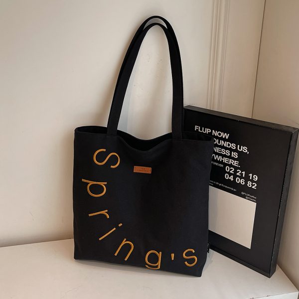 Embroidered Letter Canvas Tote Bag for Women, Large Capacity Casual Shoulder Bag, Versatile Student Commuting Handbag