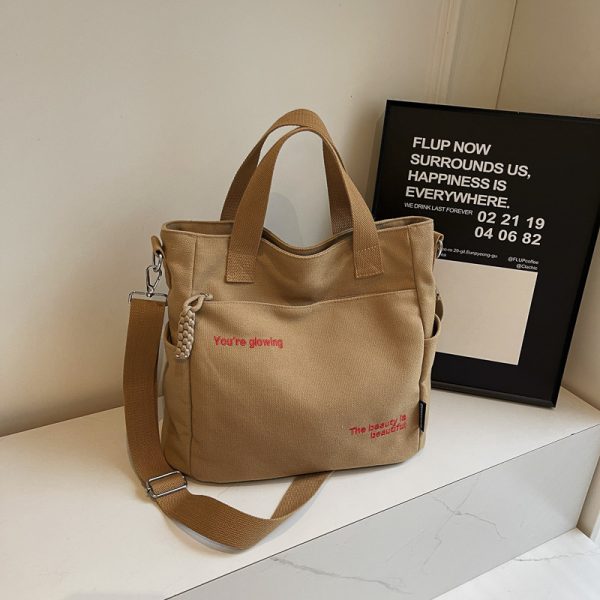 Embroidered Letter Canvas Tote Bag for Women, Large Capacity Commuter Handbag, Versatile Crossbody Bag for School & Daily Use