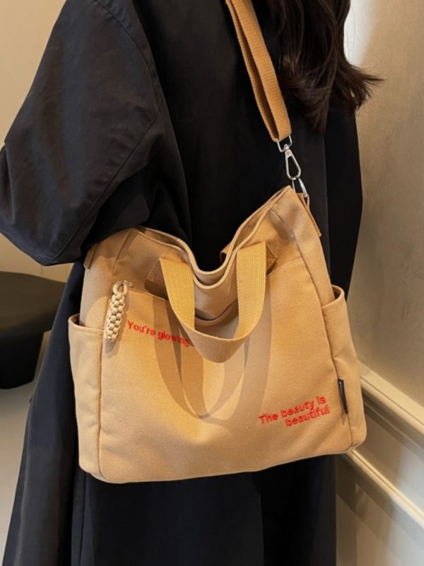 Embroidered Letter Canvas Tote Bag for Women, Large Capacity Commuter Handbag, Versatile Crossbody Bag for School & Daily Use