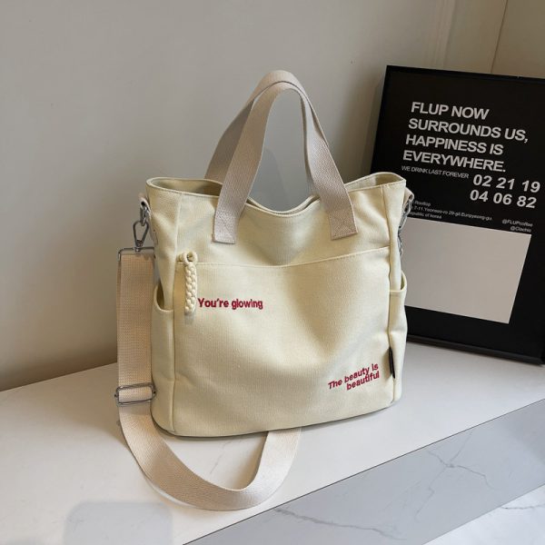 Embroidered Letter Canvas Tote Bag for Women, Large Capacity Commuter Handbag, Versatile Crossbody Bag for School & Daily Use