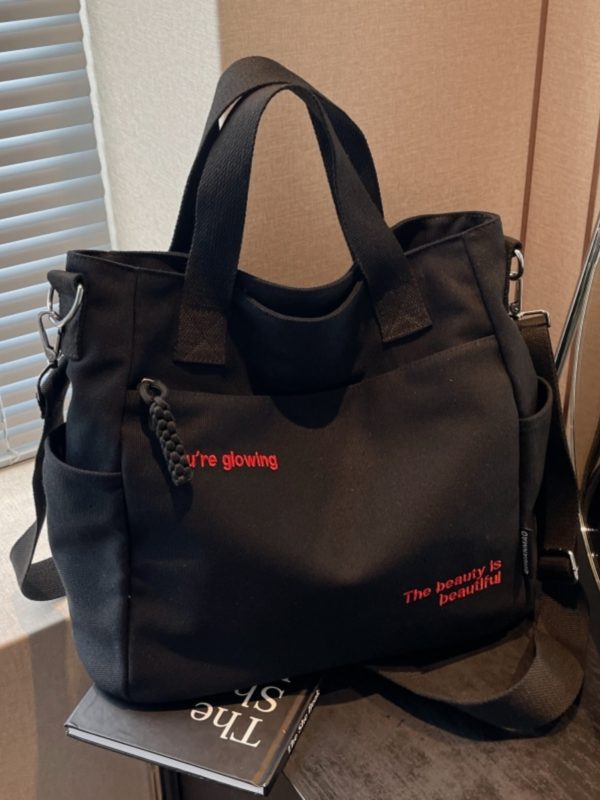 Embroidered Letter Canvas Tote Bag for Women, Large Capacity Commuter Handbag, Versatile Crossbody Bag for School & Daily Use