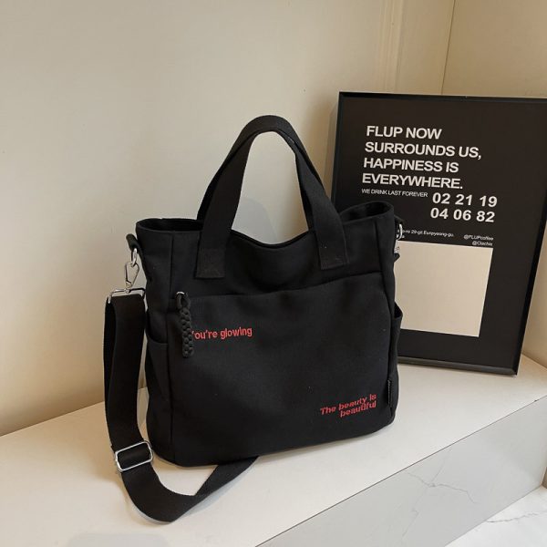 Embroidered Letter Canvas Tote Bag for Women, Large Capacity Commuter Handbag, Versatile Crossbody Bag for School & Daily Use