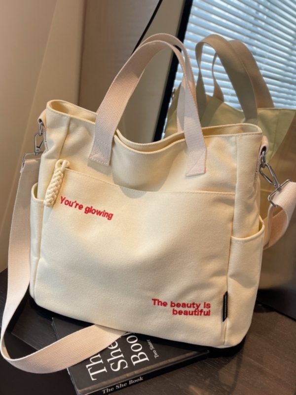Embroidered Letter Canvas Tote Bag for Women, Large Capacity Commuter Handbag, Versatile Crossbody Bag for School & Daily Use