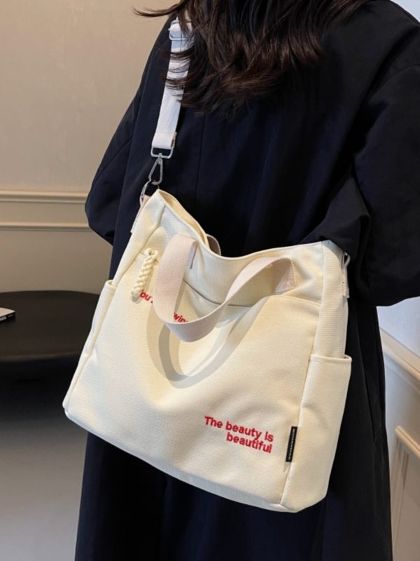 Embroidered Letter Canvas Tote Bag for Women, Large Capacity Commuter Handbag, Versatile Crossbody Bag for School & Daily Use