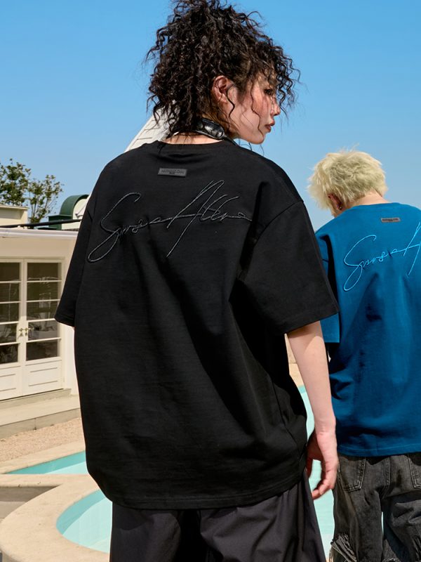 Embroidered Letter Short Sleeve T-Shirt - Vintage American Style Unisex Heavyweight Tee for Summer 2025 - Trendy 90s Look