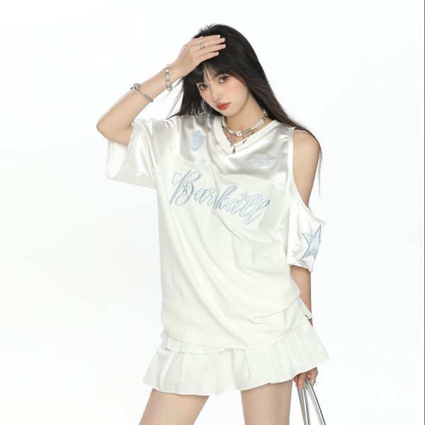 Embroidered Off-Shoulder Short Sleeve T-Shirt for Women - Summer Loose Fit Slimming V-Neck Casual Top - Y2K Style