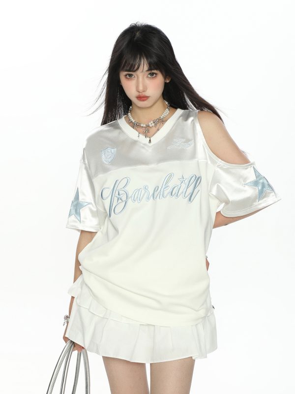 Embroidered Off-Shoulder Short Sleeve T-Shirt for Women - Summer Loose Fit Slimming V-Neck Casual Top - Y2K Style