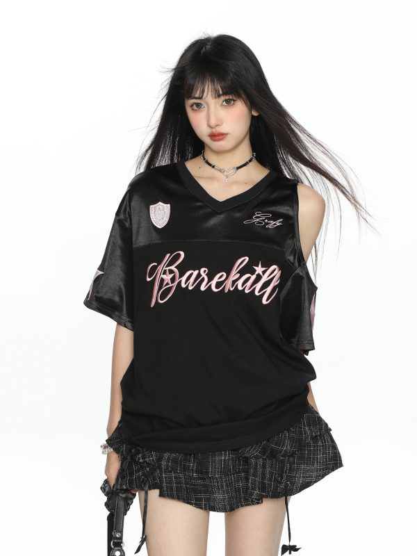 Embroidered Off-Shoulder Short Sleeve T-Shirt for Women - Summer Loose Fit Slimming V-Neck Casual Top - Y2K Style