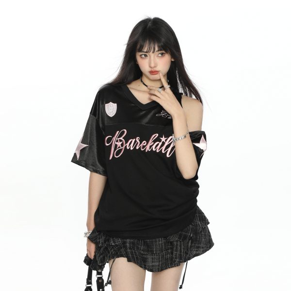 Embroidered Off-Shoulder Short Sleeve T-Shirt for Women - Summer Loose Fit Slimming V-Neck Casual Top - Y2K Style