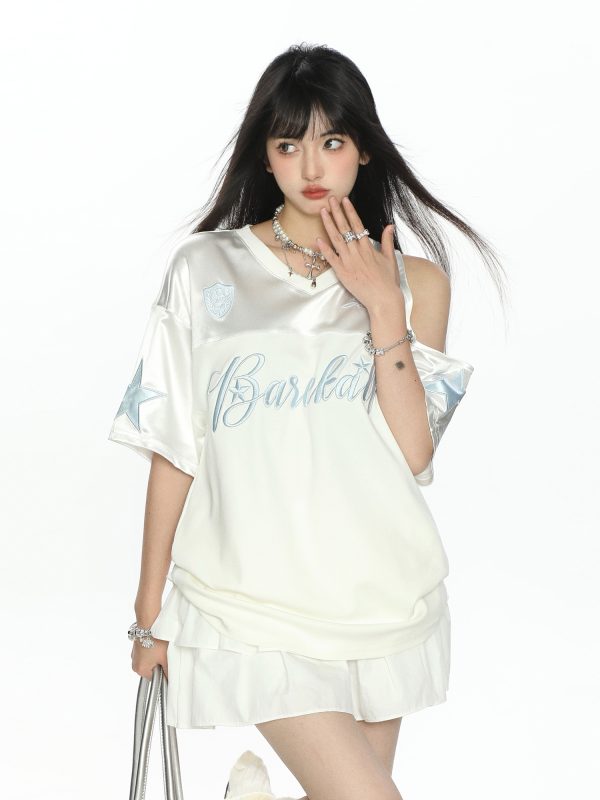 Embroidered Off-Shoulder Short Sleeve T-Shirt for Women - Summer Loose Fit Slimming V-Neck Casual Top - Y2K Style