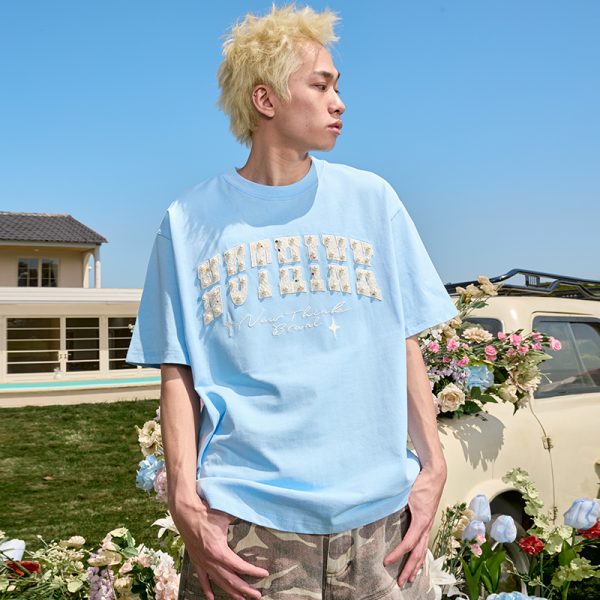 Embroidered Pearl Heavyweight Short Sleeve T-Shirt - Vintage American Style, Loose Fit, Unisex, Trendy Summer 2025 Fashion
