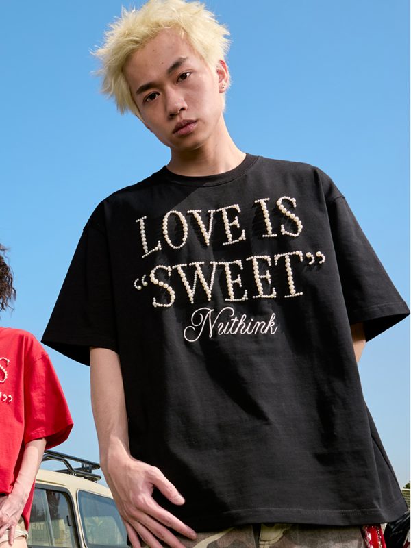 Embroidered Pearl Letter T-Shirt - Short Sleeve American Vintage Heavy Loose Unisex - 90s Y2K Summer Style