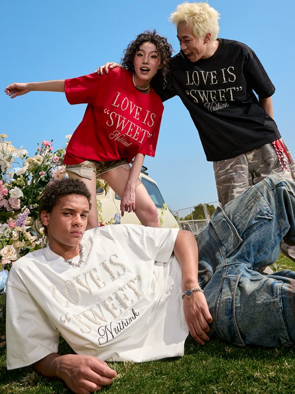 Embroidered Pearl Letter T-Shirt - Short Sleeve American Vintage Heavy Loose Unisex - 90s Y2K Summer Style