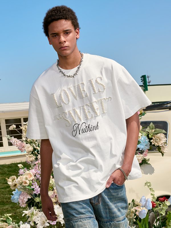 Embroidered Pearl Letter T-Shirt - Short Sleeve American Vintage Heavy Loose Unisex - 90s Y2K Summer Style