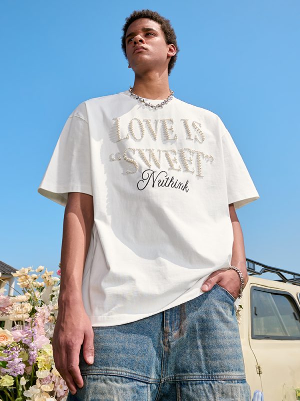 Embroidered Pearl Letter T-Shirt - Short Sleeve American Vintage Heavy Loose Unisex - 90s Y2K Summer Style