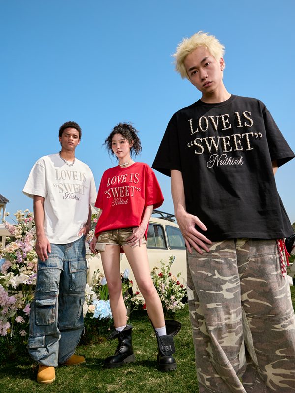 Embroidered Pearl Letter T-Shirt - Short Sleeve American Vintage Heavy Loose Unisex - 90s Y2K Summer Style