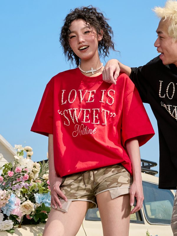 Embroidered Pearl Letter T-Shirt - Short Sleeve American Vintage Heavy Loose Unisex - 90s Y2K Summer Style