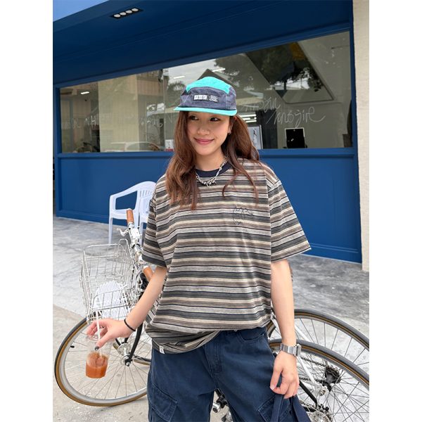 Embroidered Striped Short-Sleeve T-Shirt for Men and Women - Casual American Style Summer Couple Top with Round Neck