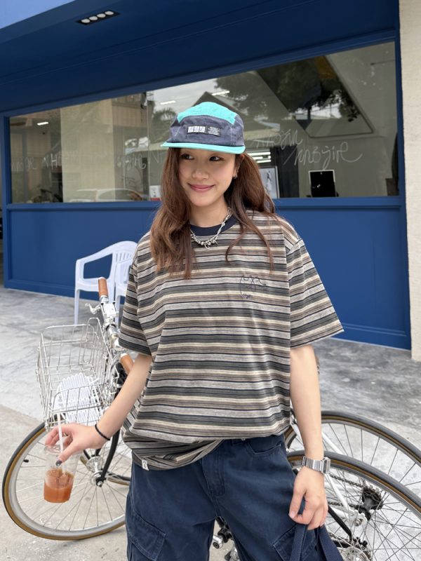 Embroidered Striped Short-Sleeve T-Shirt for Men and Women - Casual American Style Summer Couple Top with Round Neck