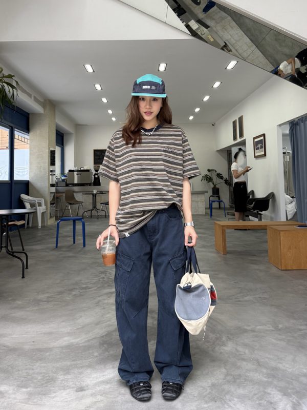 Embroidered Striped Short-Sleeve T-Shirt for Men and Women - Casual American Style Summer Couple Top with Round Neck