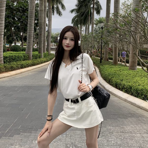 Embroidered V-Neck Short Sleeve T-Shirt for Women - Loose Slimming Casual Top - Versatile Spring Summer Style