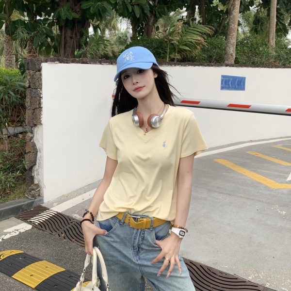 Embroidered V-Neck Short Sleeve T-Shirt for Women - Loose Slimming Casual Top - Versatile Spring Summer Style