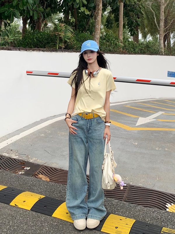 Embroidered V-Neck Short Sleeve T-Shirt for Women - Loose Slimming Casual Top - Versatile Spring Summer Style