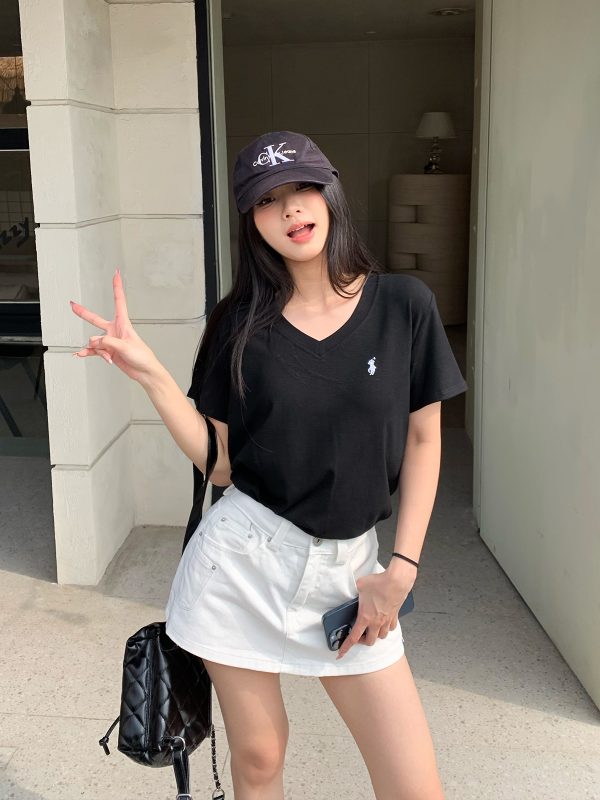 Embroidered V-Neck Short Sleeve T-Shirt for Women - Loose Slimming Casual Top - Versatile Spring Summer Style